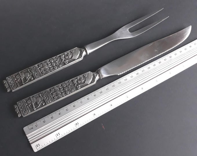 Norwegian Pewter Konge Tinn Flatware. Scandinavian MCM Style. Meat carving Utensils. Pewter, Stainless Steel. Motif tribute to King Olaf.