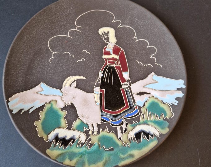 Vintage Arnold Wiigs Fabrikker AWF Ceramic Wall Plate, Plaque. Girl with a Goat. Made in Norway. Folk Art Decor. Collectible Plate. Marked.