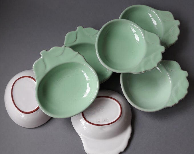 Set of 7 Vintage Rorstrand Sweden Pastello Ceramic Desert, Berry, Ice Cream Bowls with Handle in Nice Pastel Green Colour Glaze. Marked.