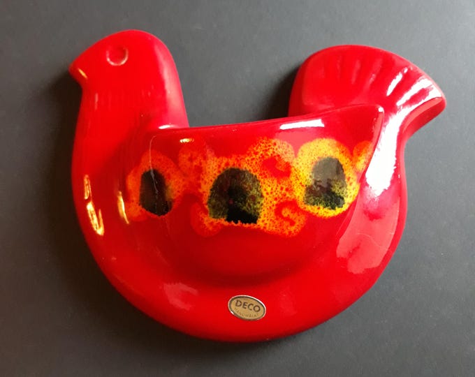 Vintage Deco Helsingborg Ceramic Wall Pocket in Bird Shape. Bright Red Orange Glossy Glaze. Original Label. Fully Marked. Swedish Home Decor