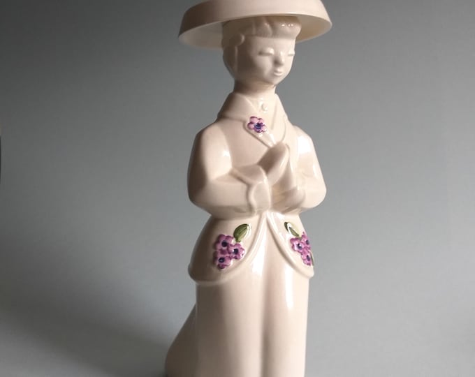 Rosa Ljung Deko Keramik Helsingborg Sweden. Cream Colour Ceramic Sculpture Lady with Hat. Flower Relief Pattern. Swedish Vintage Home Decor.