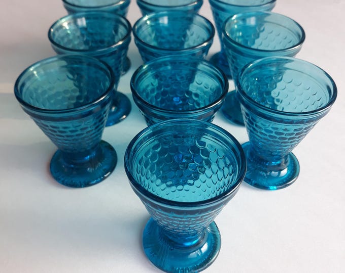 Set of 10 Promotional Shot Glasses in Bluish Breen Colour. Fish Scale Design Sildakongen. Made in Norway. Pressed Glass Snapp Glasses.