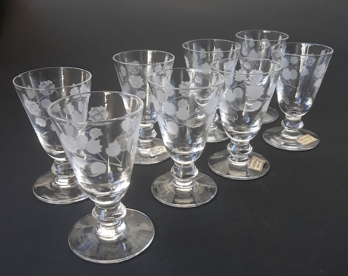 Set of 7 Vintage Ekenas Sweden Liqueur Glasses. Beautiful Floral Etching. Original Stickers. Swedish Retro Drinkware, Barware.