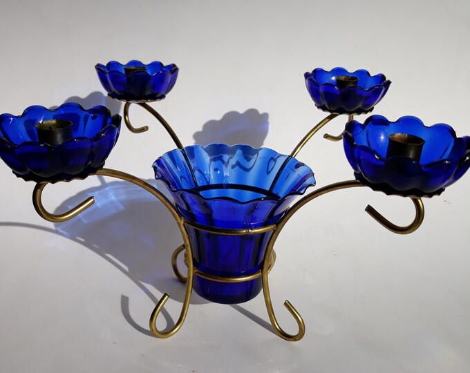 Sweden Candelabra Designed by Gunnar Ander for Ystad Metall. A Unique Combination of Metal and Cobalt Glass. Swedish Candle Holder from 50s.