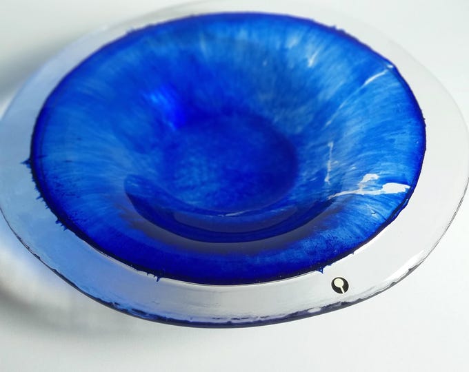 Pukeberg Sweden Large Heavy Blue Bowl With Clear Glass Edge. Design by  Staffan Gellerstedt. Scandinavian Swedish Vintage Art Glass. Label.