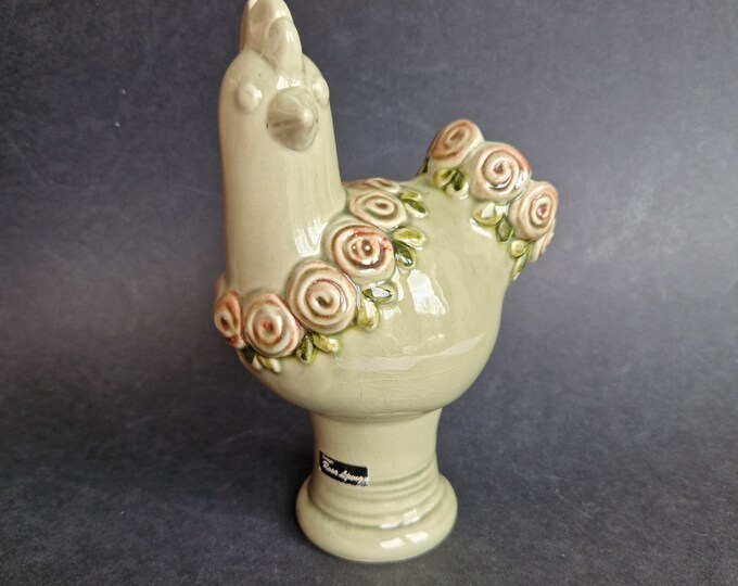 Vintage Helsingborg Deco Sweden Beautiful Ceramic Rooster, Chicken, Vase Figure Table Decoration in Soft Green Colour with Pink Rose Decor.