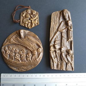 Joseph Krautwald Germany Artist Modernist. Religious Cast Bronze Mini Wall Plaques. Religious Wall Decor. MCM Style Wall Hanging. Plaque.