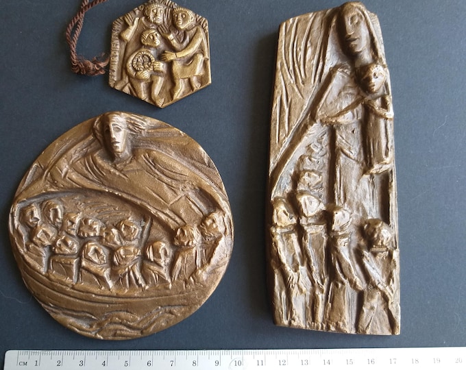 Joseph Krautwald Germany Artist Modernist. Religious Cast Bronze Mini Wall Plaques. Religious Wall Decor. MCM Style Wall Hanging. Plaque.