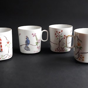 Set of 4 Suisse Langenthal Cups Switzerland. Four Quality Hand Painted White Porcelain Cups. Flower and Bird Motif. Vintage Swiss Porcelain