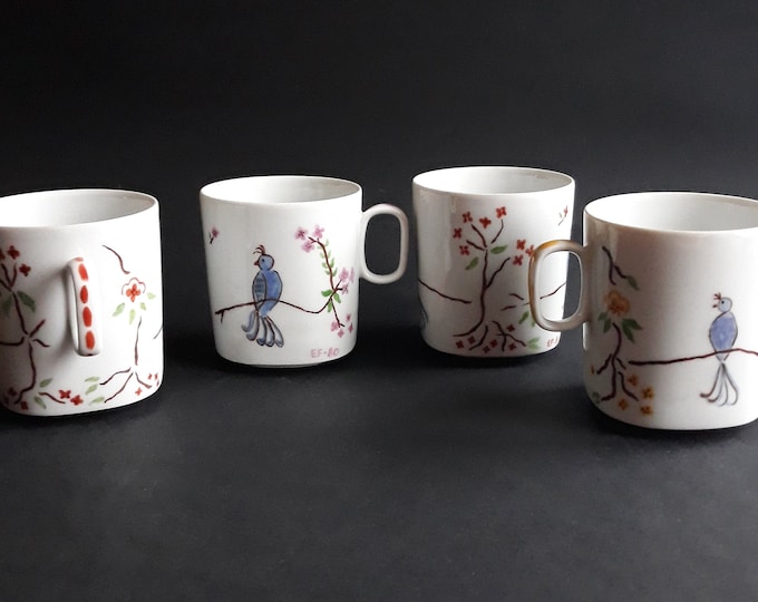 Set of 4 Suisse Langenthal Cups Switzerland. Four Quality Hand Painted White Porcelain Cups. Flower and Bird Motif. Vintage Swiss Porcelain
