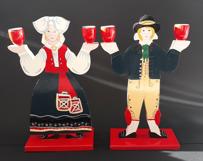 Pair of Ikea Wood Candlesticks in Folk Style. Hand-painted. Vivid Colours. Design by Lizzie Welander. Home Decoration in Scandinavian Style
