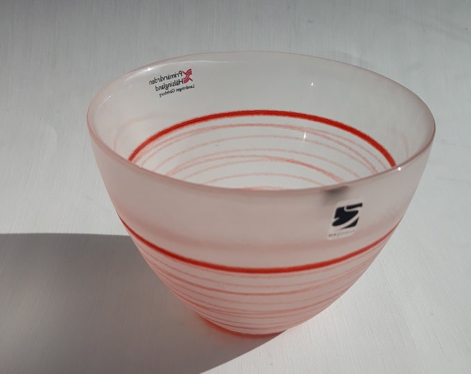 Sea Glasbruk Sweden. Vintage Clear Satin Glass Tea Light Holder with Red Line Decor. Glossy Inside. Scandinavian Swedish Art Glass Design.