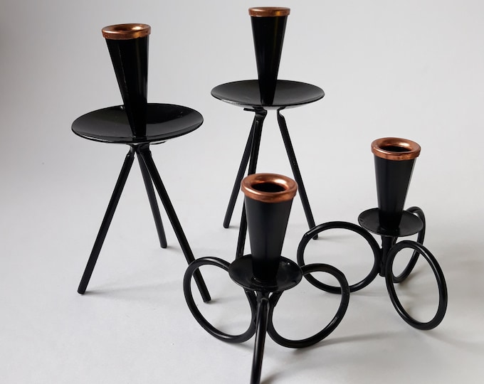 Set of 4 Small Swedish Metal Candleholders for Thin Candles. Painted in Black Colour. Copper Top. Great for Small Spaces. Gunnar Ander. MCM