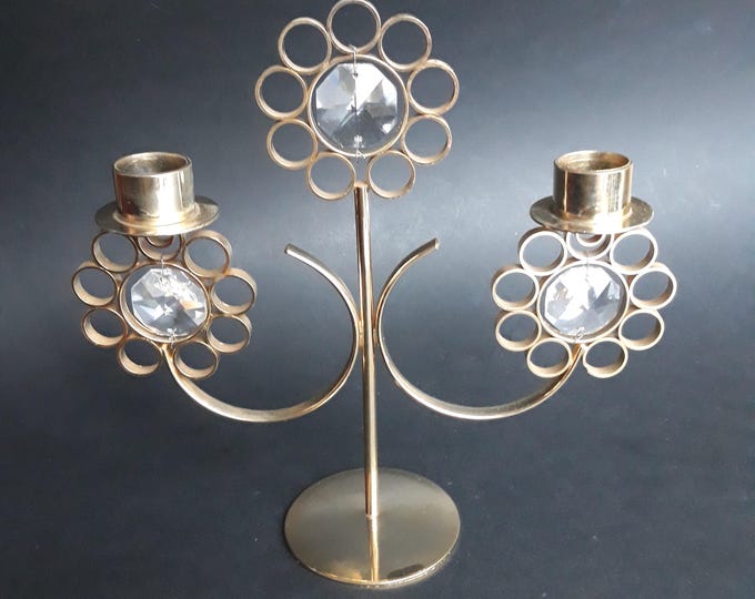 Sophisticated Vintage Goldplated Candleholder with Crystals for Two Candles. Possibly Lovsjo Sweden. The Lines resemble a Flower. Beautiful.