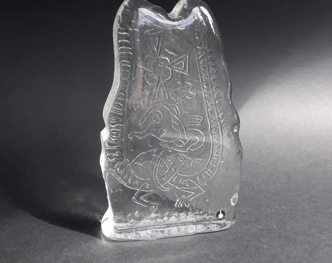 Pukeberg Sweden. Christal Glass Paper Weight. The Rune Stone of the Viking Period. Glow in UV Light. Cool Scandinavian Home Decor.