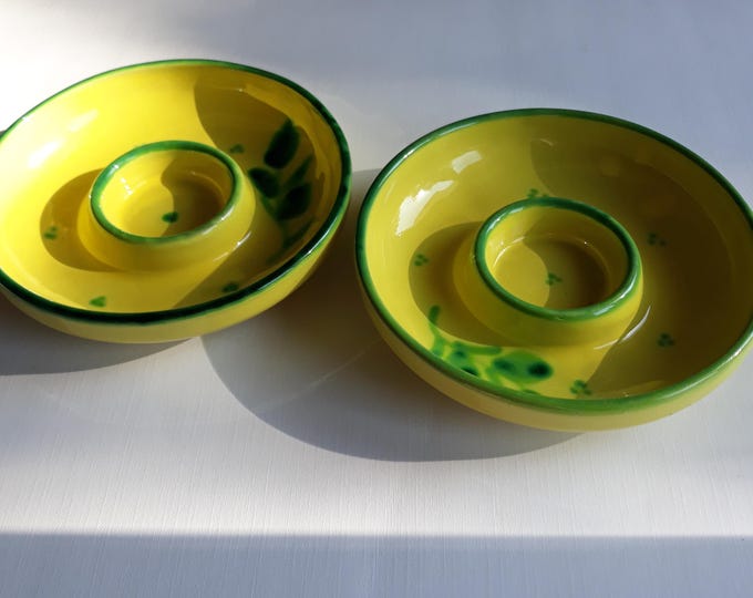 Set of 2 Ceramic Dip Dishes, Dip Dishes, Shrimp Cocktail Dishes in Yellow Glaze with Green Decor. Vintage Pottery. Probably made in Italy.