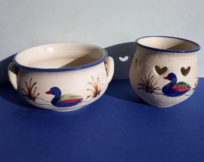 Set of 2 Gabriel Stengods Sweden Stoneware Pieces. Beige Jar Pot and Tealight Holder. Hand Painted Duck Decor. Vintage Swedish Pottery.