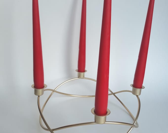 Danish Style Design Brushed Gold Colour Metal Candleholder for Four Candles. Soft Shape and Elegant Idiom.