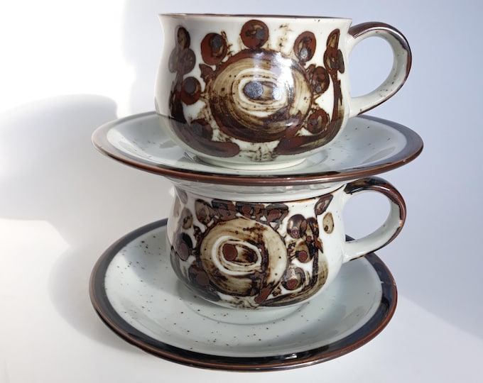 Vintage Stengods Sweden Speckled Stoneware Coffee Cup with Saucer. Nordic Design. Brown Hand Painted Decor.