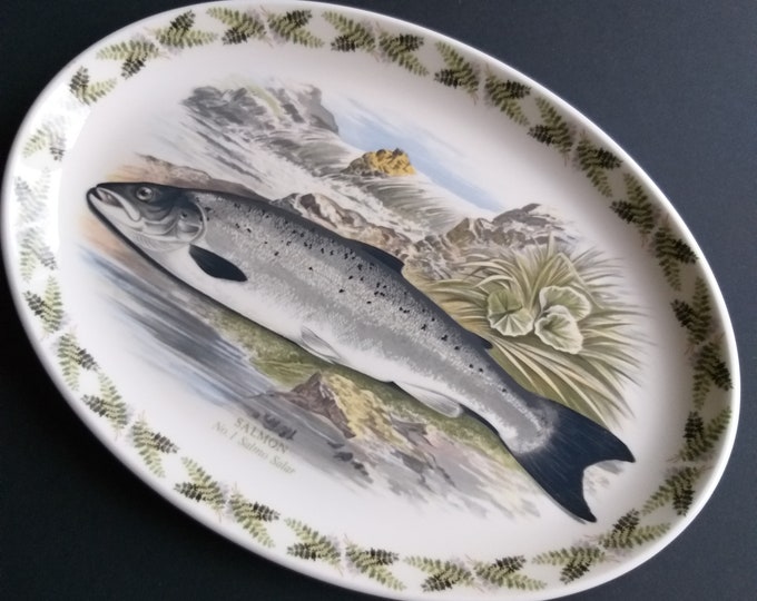 A Beautiful Vintage Portmeirion England The Compleat Angler British Fishes 13" Oval Plate No.1 Salmon Salmo Salar. Oven to Table Ware.