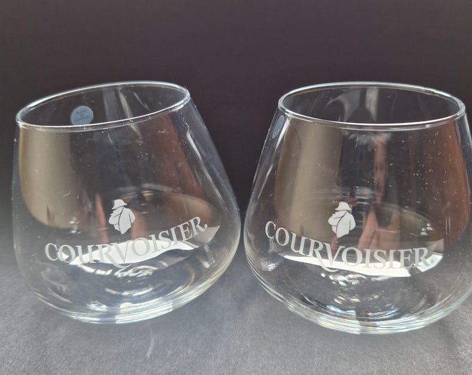 Set of 2 Vintage Courvoisier Glasses. Pair of Courvoisier Stemless Cognac Rocking Glasses. Marked. Made in France.