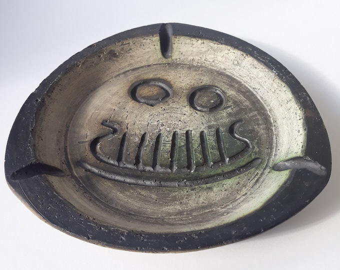 Arol Halden Norway Viking Ceramic Ashtray. Rough Surface. Green, White Colour. Rune Symbol Carvings. Brutalist Style. Hand Thrown Stoneware.