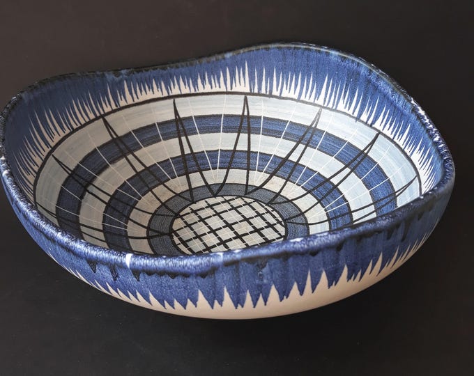 Rare Original Vintage Signed Norway Mid Century Modern Norse Studio Art Pottery Large Bowl. Geometric Pattern. Wavy Edge. Signed, Numbered.