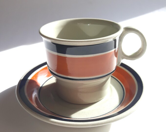 Hoganas Keramik Sweden. Stoneware Rand-Banda Coffee Cup and Saucer. Terracotta, Black Colour Borders. Vintage Swedish Design Tableware.