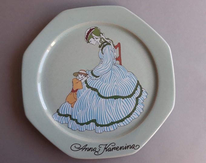 Hoganas Keramik Sweden. Decorative Ceramic Plate "Anna Karenina". Greenish Hexagonal Plate with a Picture in the Middle. Rare Vintage Piece.