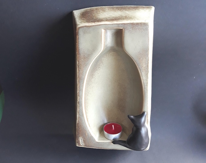 Gabriel Sweden. Unique Ceramic Tea Light Holder With Dark Cat Figure. Thick Wall Hanging Decor in Brown Tone. Vintage Scandinavian Pottery.