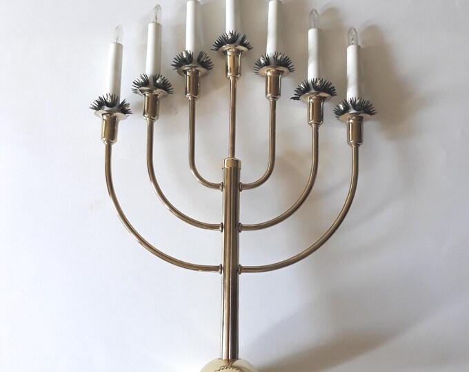 Swedish Metal Christmas Candleholder Silvia with Seven Electric Lights in Candle Shape. Brass Colour. Scandinavian Home Decoration.