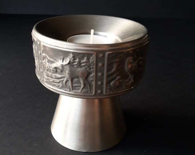 Handmade Eik Tinn Norge Pewter Candle Holder. One Candle or Tea Light. Pictures of Northern Animals - Eagle, Moose, Reuben, Bear. Marked.