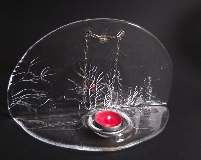 Vintage Muurla Finland Glass Tea Light Holder. Series Romantica Designed by Kauko Mäkinen. Textured Glass. Landscape. Marked. Romantic Light