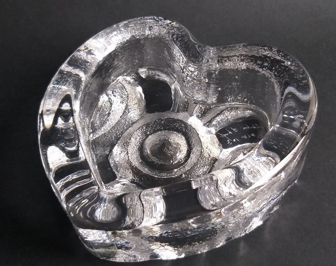Scruf Glassworks Sweden Crystal Trinket Dish. Design by Lars Hallsten. Textured Clear Crystal Glass in Shape of Heart. Scandinavian Design.