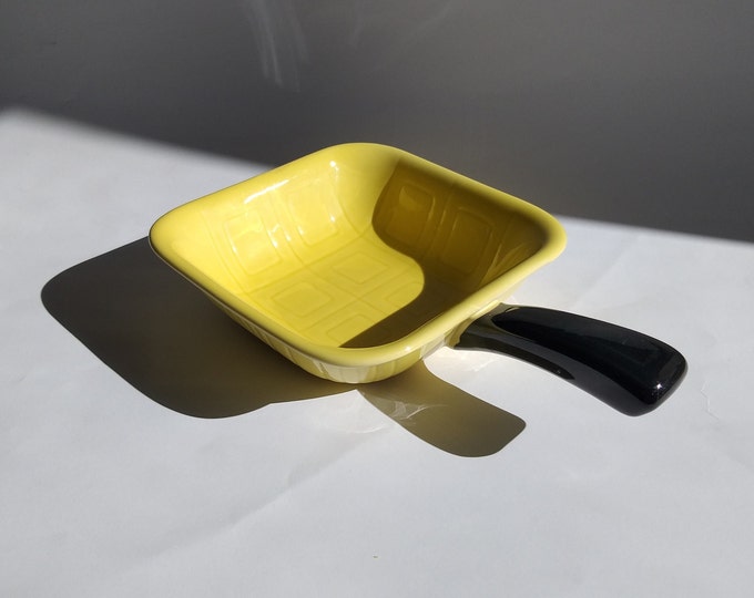 Vintage JK Sweden Ceramic Square Pan Dish with Handle in Bright Yellow and Black Colour Glaze. Mid Century Modern Style Cookware. Marked.