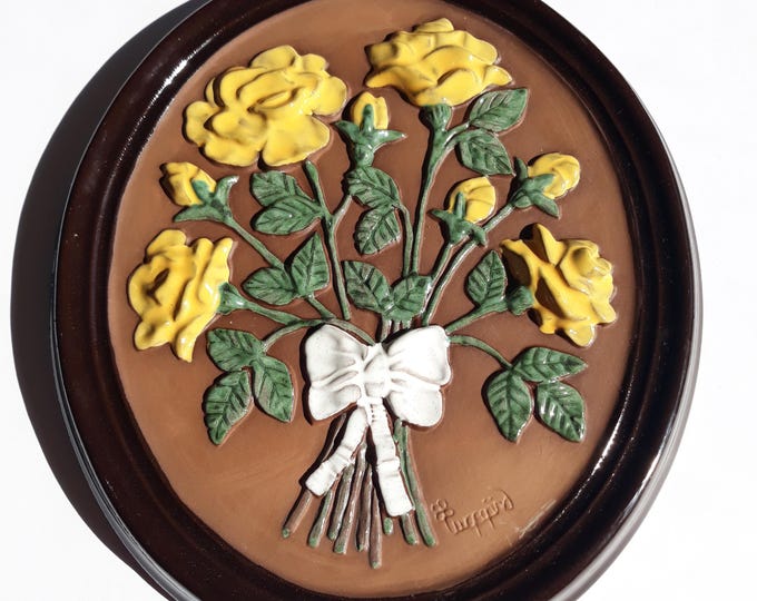 Vintage Gabriel Sweden Oval Ceramic Wall Plaque No A192. Bouquet of Yellow Roses. Design by Ingegärd Burmeister. Swedish Wall Decor. Marked