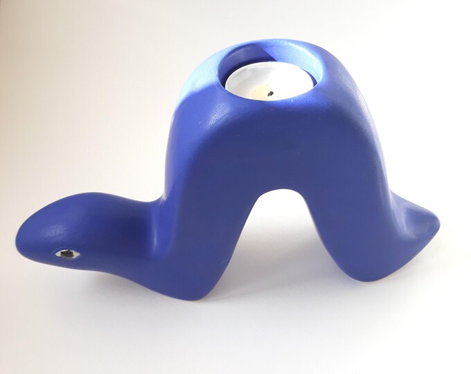 Gabriel Sweden. Ceramic Viper Snake Tea Light Holder. Blue Matte Colour Glaze. Unusual, Rare Found Vintage Pottery Piece.
