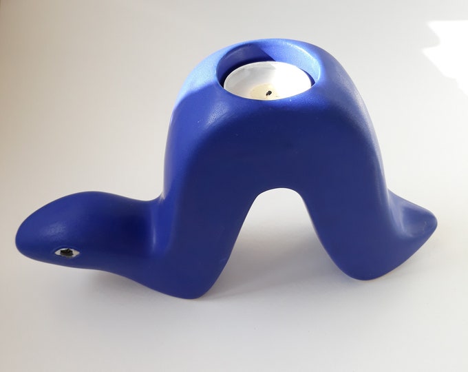 Gabriel Sweden. Ceramic Viper Snake Tea Light Holder. Blue Matte Colour Glaze. Unusual, Rare Found Vintage Pottery Piece.
