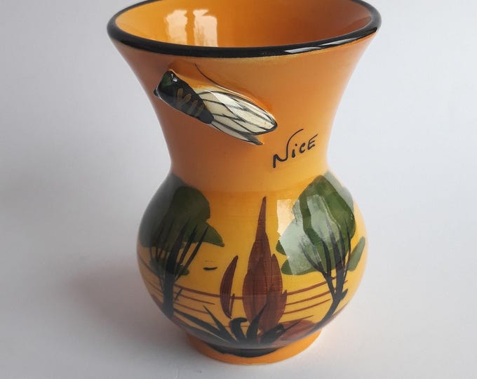 Creation Albert Ferlay Vallauris Small Ceramic Vase with Raised Cicada. Original Handmade Pottery from France Nice. Lovely Piece from 50s.