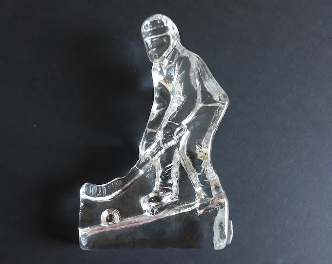 Vintage Magnor Norway Crystal Glass Hockey Player Figurine Paperweight. Original Label Intact. Scandinavian Home Decor.