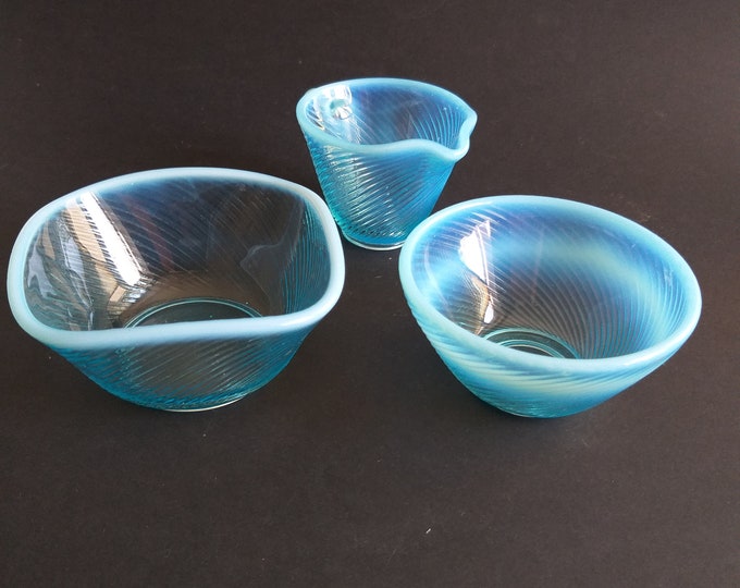 Set of Vintage Afors Glasbruk Sweden Blue Opalescent Ribbed Glass Dishes - Creamer, Sugar, Snack Bowl Italia. Designed by Ulrica Hydman.