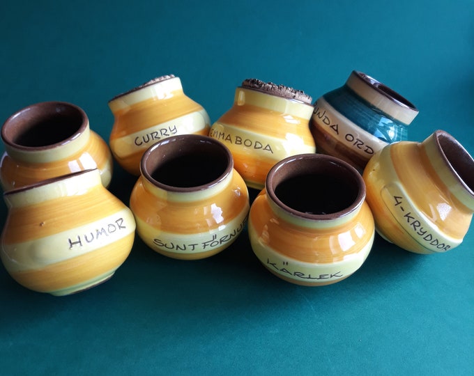 Gabriel Sweden. Limited Edition Kjell Blomberg Ceramic Spice Jar Container. Yellow Orange Colour Glaze. Vintage Swedish Pottery. Stamped.