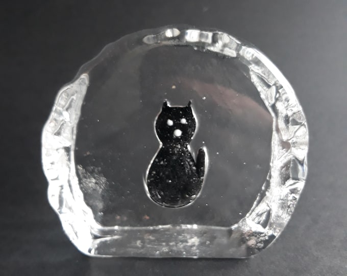 Crystal Glass Black Cat Paperweight. Lovely Fun Piece. Probably of Scandinavian Origin. An Excellent Gift for Cat Lower.