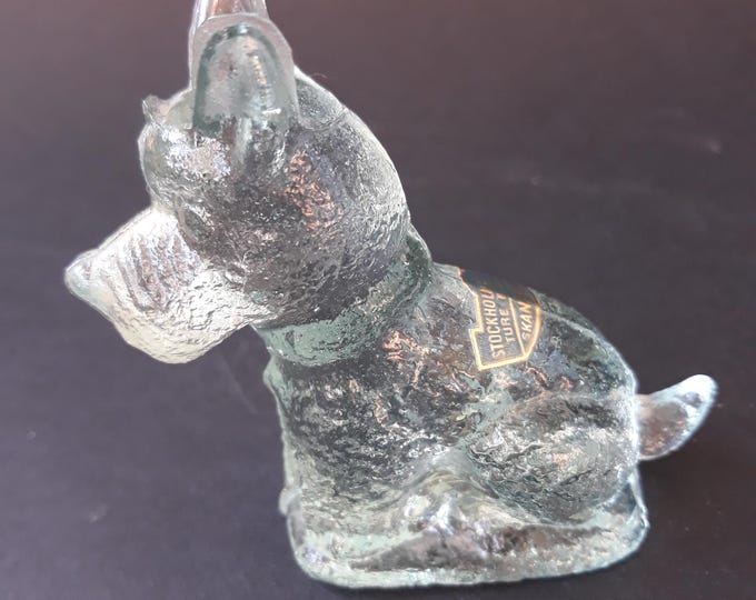 Small Vintage Glass Terrier Stockholm Glasbruk. Ture Berglund Skansen. Handmade in Sweden. Original Label. Light Green Colour.