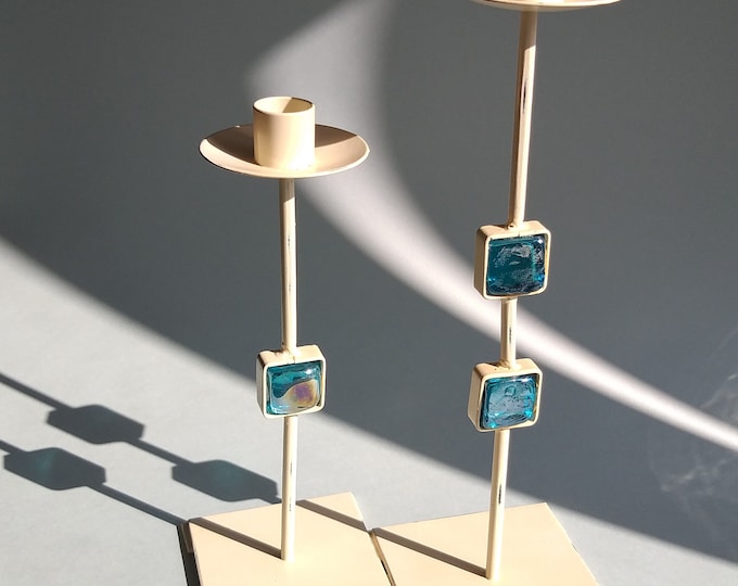 Two Vintage Swedish Metal Candle Holders. Ecru Colour with Blue Iridescent Glass Square Decor. Hand Made. Shabby Chic from 80s. Home Decor.