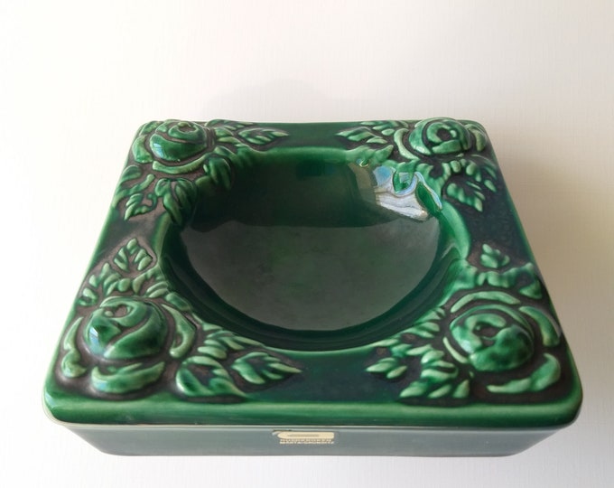 Guldkroken Sweden. Vintage Ceramic Ashtray. Rose Flower Motif. Beautiful Green Colour Glaze. Marked. Original Sticker. Retro Swedish Pottery