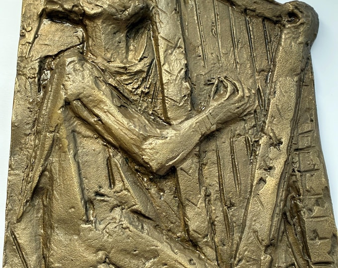 Mid- Century Modern modernist bronze wall relief sculpture of King David playing the Harp created by the German sculptor Joseph Krautwald.