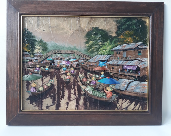 Gorgeous Chinese Vintage Painting on Pressed Leaf. Detailed Painting. Vibrant Colours. Oriental Life Scenery. Traders in Boats. Asien Art.