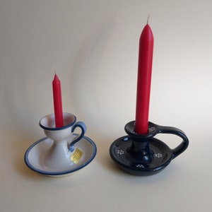 Small Ceramic Studio Candle Holder. Mat White with Blue Edges or Glazed in Dark Blue with White Decor. Both Signed. Vintage Swedish Pottery.