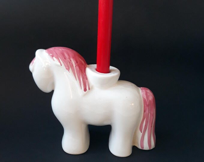 Vintage Swedish Ceramic Horse Candleholder. White and Pink Colours. Scandinavian Home Decoration.